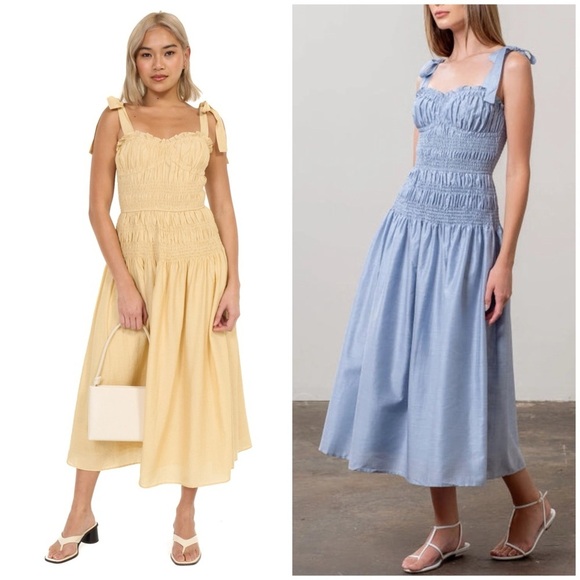 Moon River Yellow Midi Picnic Dress Sundress Adjustable Tie Strap Shirred M - Picture 5 of 14